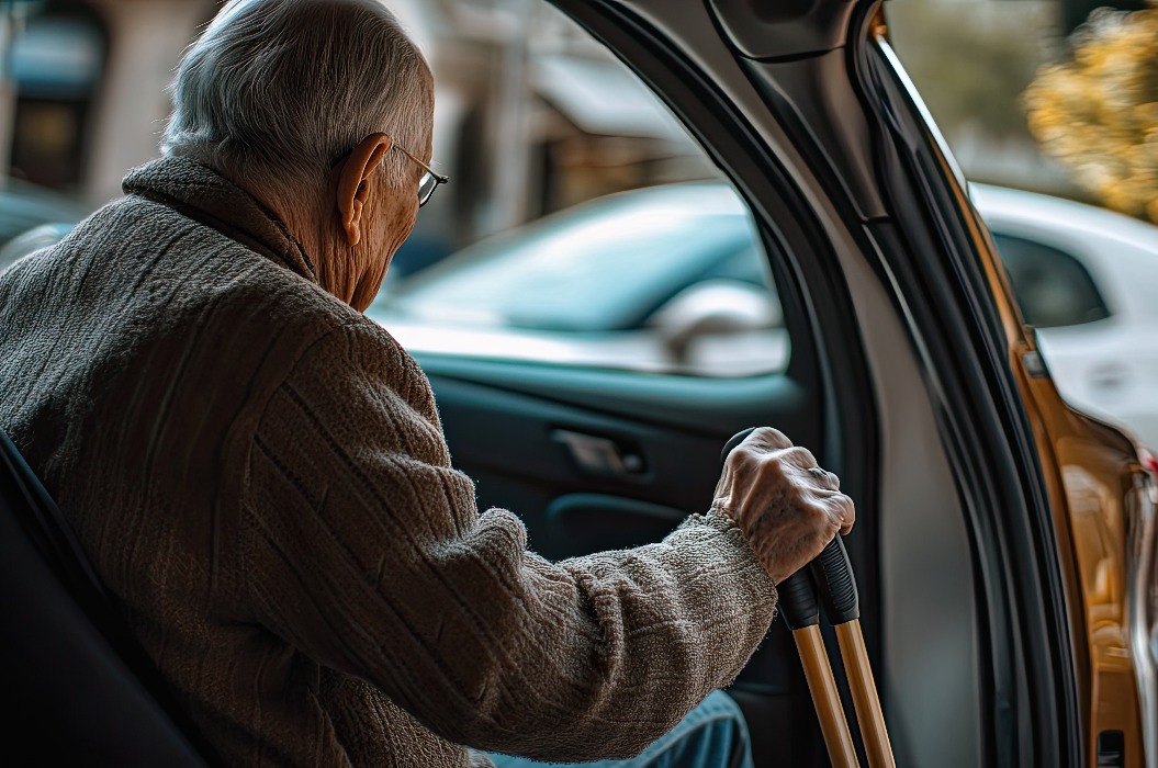 Älterer Mann mit Stock steigt aus einem Taxi